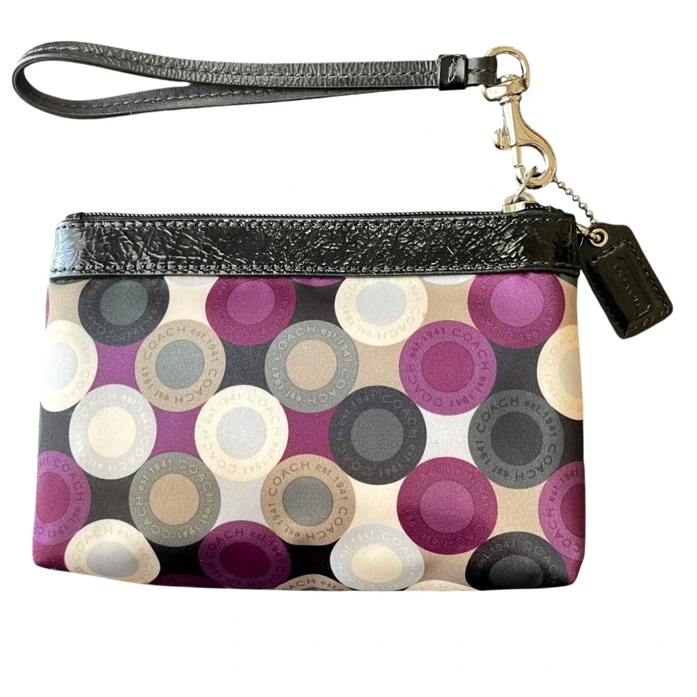 COACH Signature Abstract Purple Sateen Black Patent Leather Wristlet Hang Tag - Picture 2 of 7